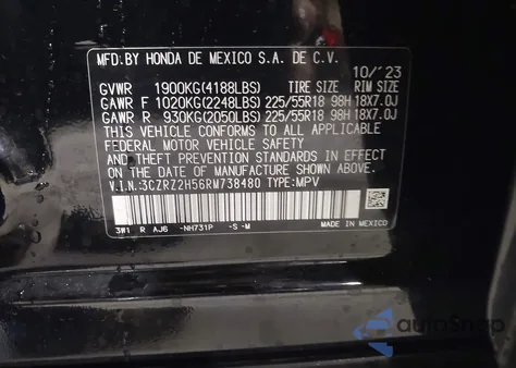 2024 Honda Hr-V Awd Sport/Awd Sport W/O Bsi из США, поврежденный, VIN 3CZRZ2H56RM738480